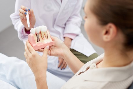 Frau hält Zahnmodell in den Händen während Zahnärztin erklärt