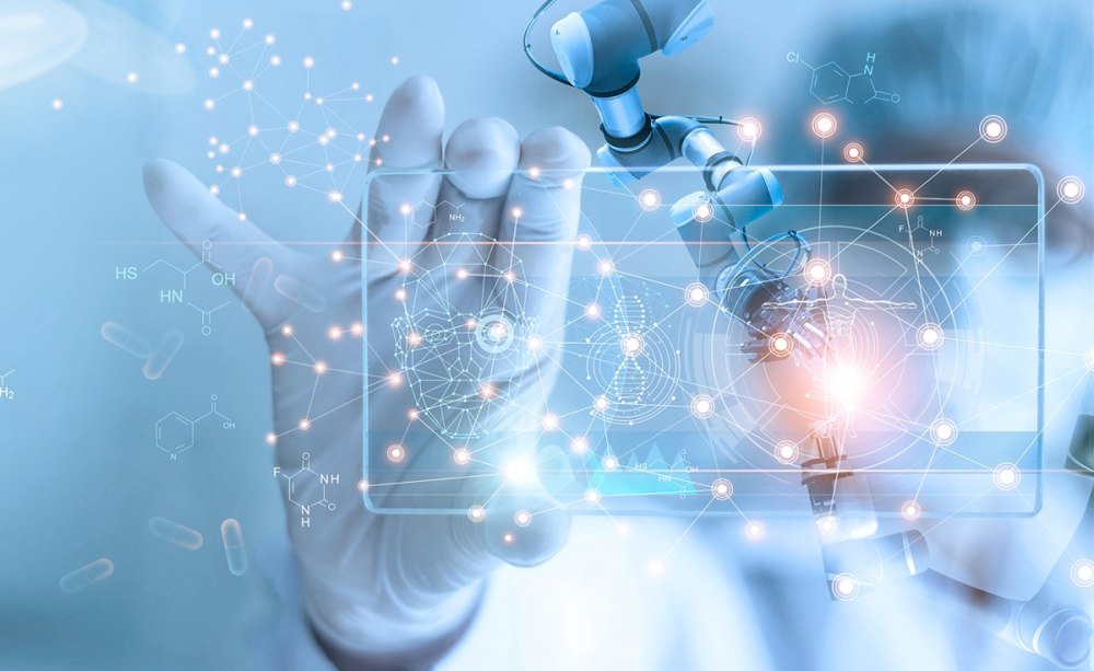 DGZ-Jahrestagung Doctor and medical assistant robot analysis and testing result of DNA on modern virtual interface, science and technology, innovative and future of medical healthcare in laboratory background
