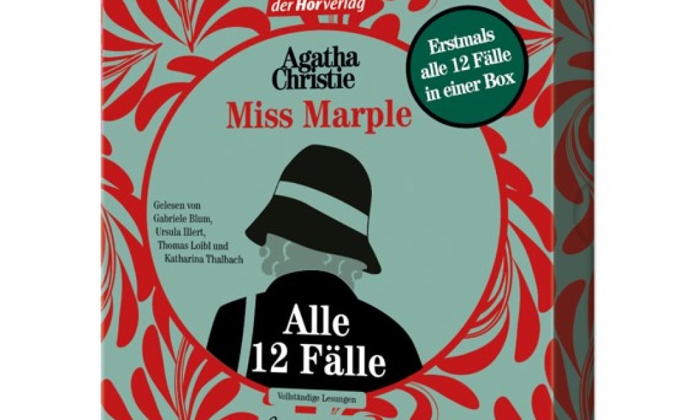„Miss Marple – Alle 12 Fälle“, Hörbuch, zehn MP3-CD, Laufzeit von mehr als 75 Stunden, Verlag: Der Hörverlag, empfohlener Verkaufspreis: 44 Euro, ISBN 978-3-8445-4780-1 Cover der Hörbuch-Edition „Miss Marple – Alle 12 Fälle“, gezeichnet, Miss Marple von hinten