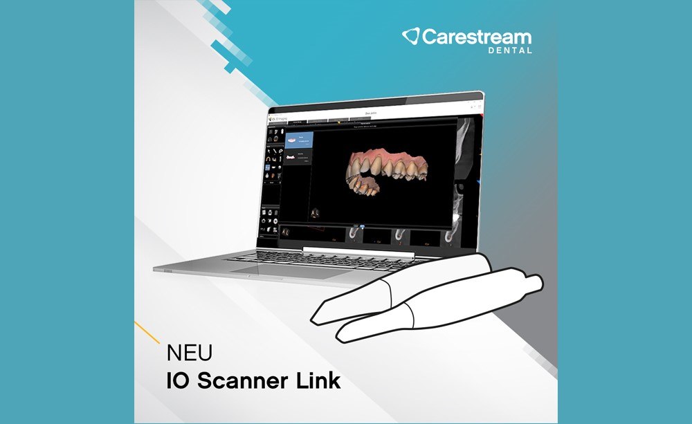 IO Scanner Link bringt mehr Optionen und offenen Zugang Türkiser Hintergrund mit Laptop und stilisierten Interoralscannern im Vordergrund