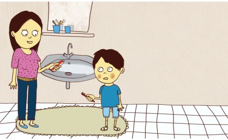 Zeichnung von Kind mit Mutter beim Zähneputzen im Bad