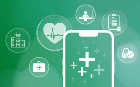Stilisiertes Smartphone mit medizinisches Symbolen wie Pillen und Krankenhaus daneben