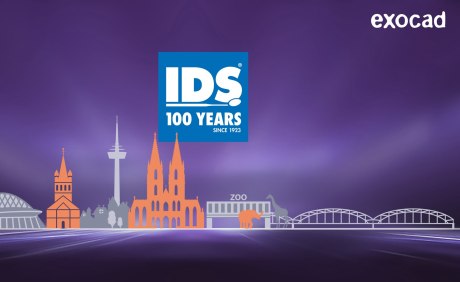 Das IDS Key-Visual von Exocad zeigt die Kölner Skyline