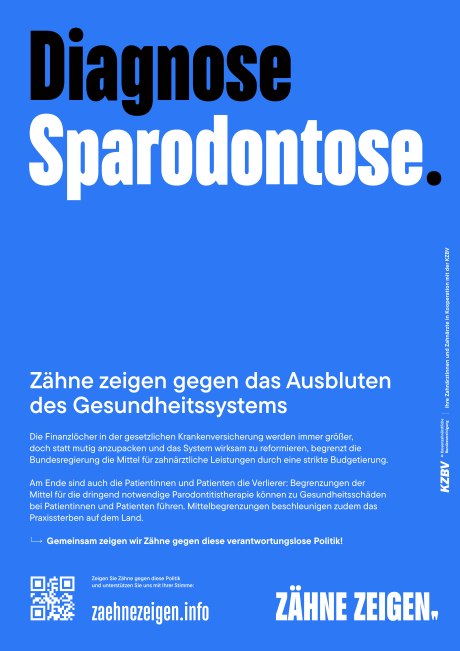Ein Bild, das eine grellblaies Plakat mit einem Schriftzug Diagnose Sparodontose in oben schwarzen lettern und unten weiße