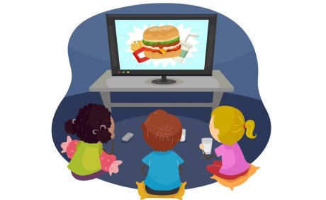 Zeichnung von drei Kindern vor dem TV in dem Junkfood zu sehen ist 