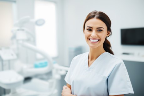 Medizinische Fachangestellte oder Zahnärztin lächelt
