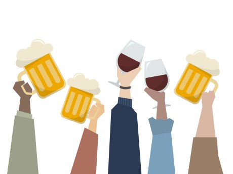 Illustration von Händen die Alkohol in Gläsern hochhalten 