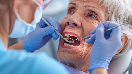 Gesicht einer älteren Frau, weit geöffneter Mund, Zahnarztinstrumente in behandschuhten Händen