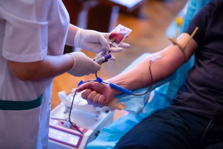 Eine Krankenschwester nimmt jemandem Blut ab, Arm und Hände im Zentrum des Bildes