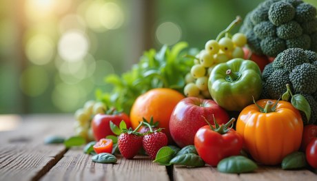 knackfrisches buntes Gemüse und Obst gestapelt auf Holzbrettern