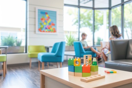 Zimmer mit vielen Fenstern, Sitzmöbeln und einer Kinderspielecke