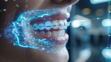 Foto eines lächelnden Mundes mit virtuell darübergelegten KfO-Maßnahmen wie Brackets