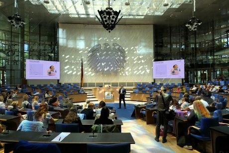 großer Plenarsaal mit Bundesadler an der Wand, ein Mann steht in der Mitte und spricht
