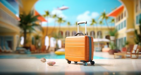kleiner Reisekoffer in Hotelhof mit Pool und Palme