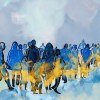 gemaltes Bild zeigt eine sich fortbewegende Menschenschlange in den Farben blau und gelb