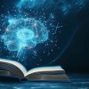 Glowing virtual brain floats above an open book with leaning icons on dark background which is a symbol of study a knowledge will help solve problem and solution concept.