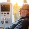 Mann sitzt entspannt halb liegend, mit geschlossenen Augen, neben ihm ein großes Gerät mit Anzeigen, Knöpfen und Zuleitungen