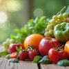 knackfrisches buntes Gemüse und Obst gestapelt auf Holzbrettern