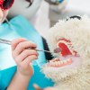 Junge auf Zahnarztstuhl untersucht Handpuppe mit Handspiegel