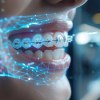 Foto eines lächelnden Mundes mit virtuell darübergelegten KfO-Maßnahmen wie Brackets