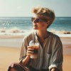 Junge blonde Frau am Strand sitzend mit Eisgetränk in der Hand mit KI generiert