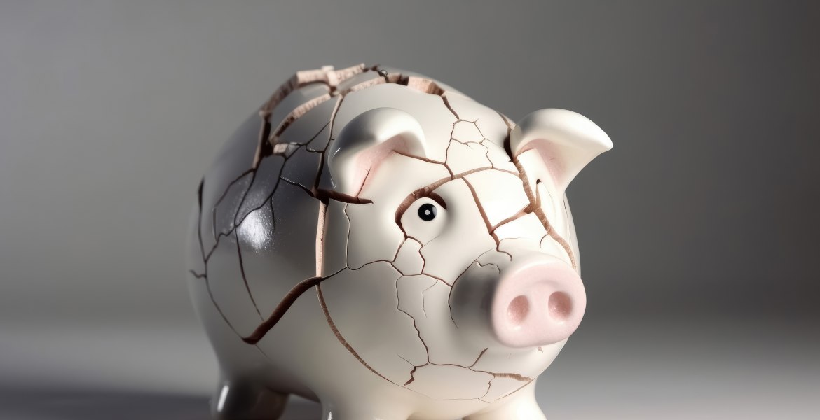 A sad piggy bank with cracks and a plaster indicates insolvency created with generative AI technology.