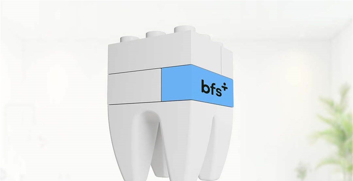 weisses Zahnmodell im Legostil mit Schriftzug bfs