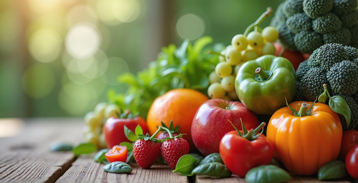 knackfrisches buntes Gemüse und Obst gestapelt auf Holzbrettern